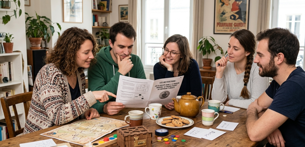 Groupe de joueurs lit instructions escape game maison