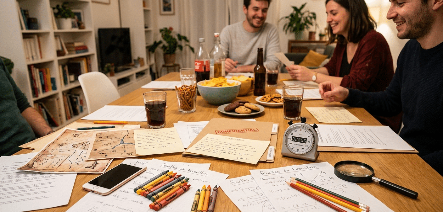 Table de jeu d'un escape game maison avec les joueurs autour